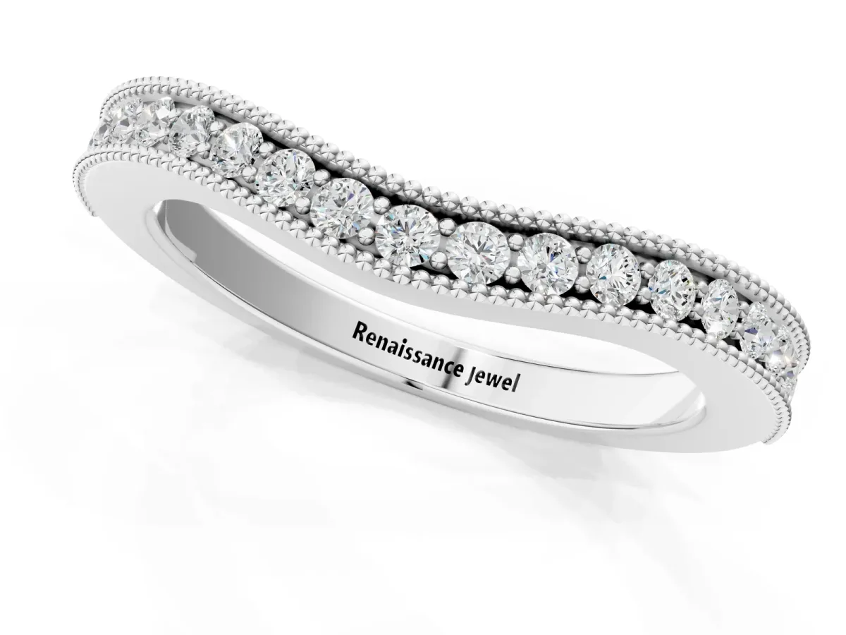 Round Brilliant Milgrain Bezel Set Diamond Wave Band White gold