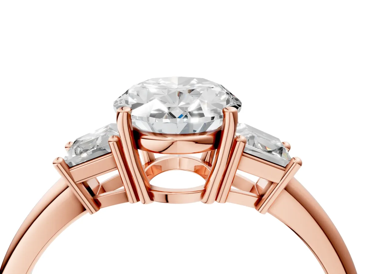 Oval Cut Diamond Three-Stone Ring with Trapezoid Side Stones and Prong Setting Rose gold