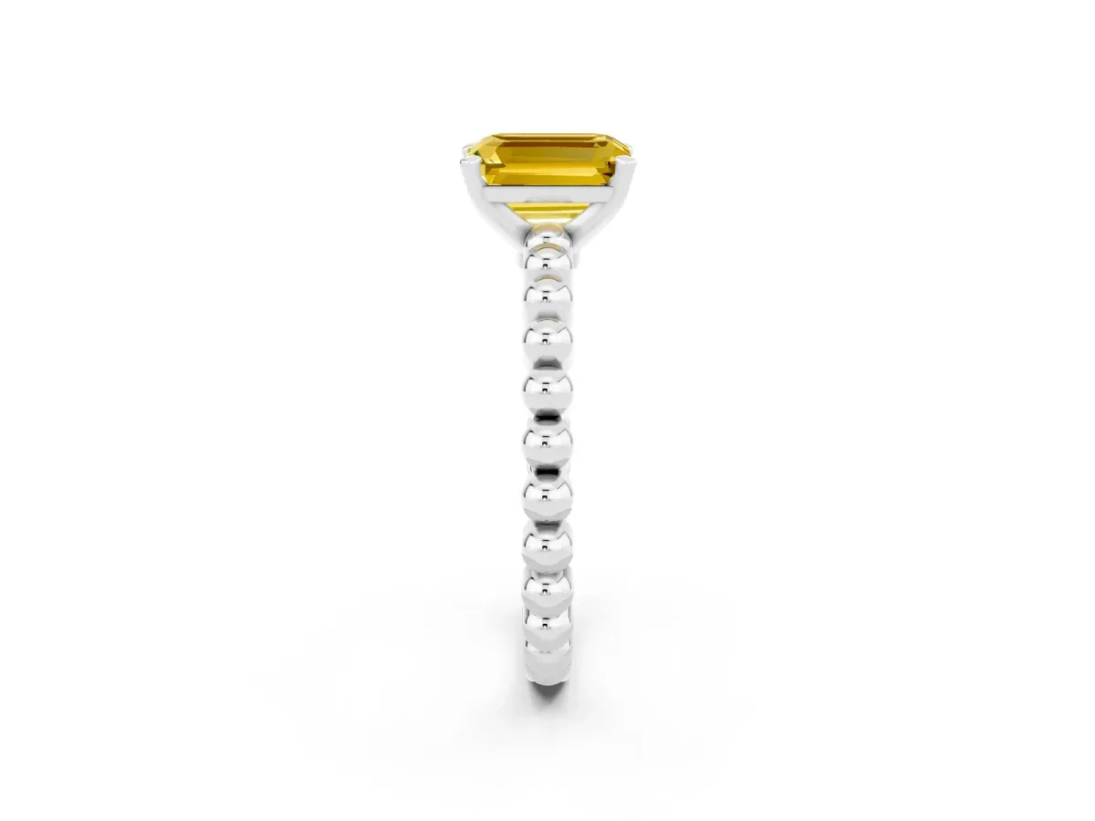 Emerald Cut Yellow Sapphire Solitaire Ring with Beaded Band and Prong Setting Silver