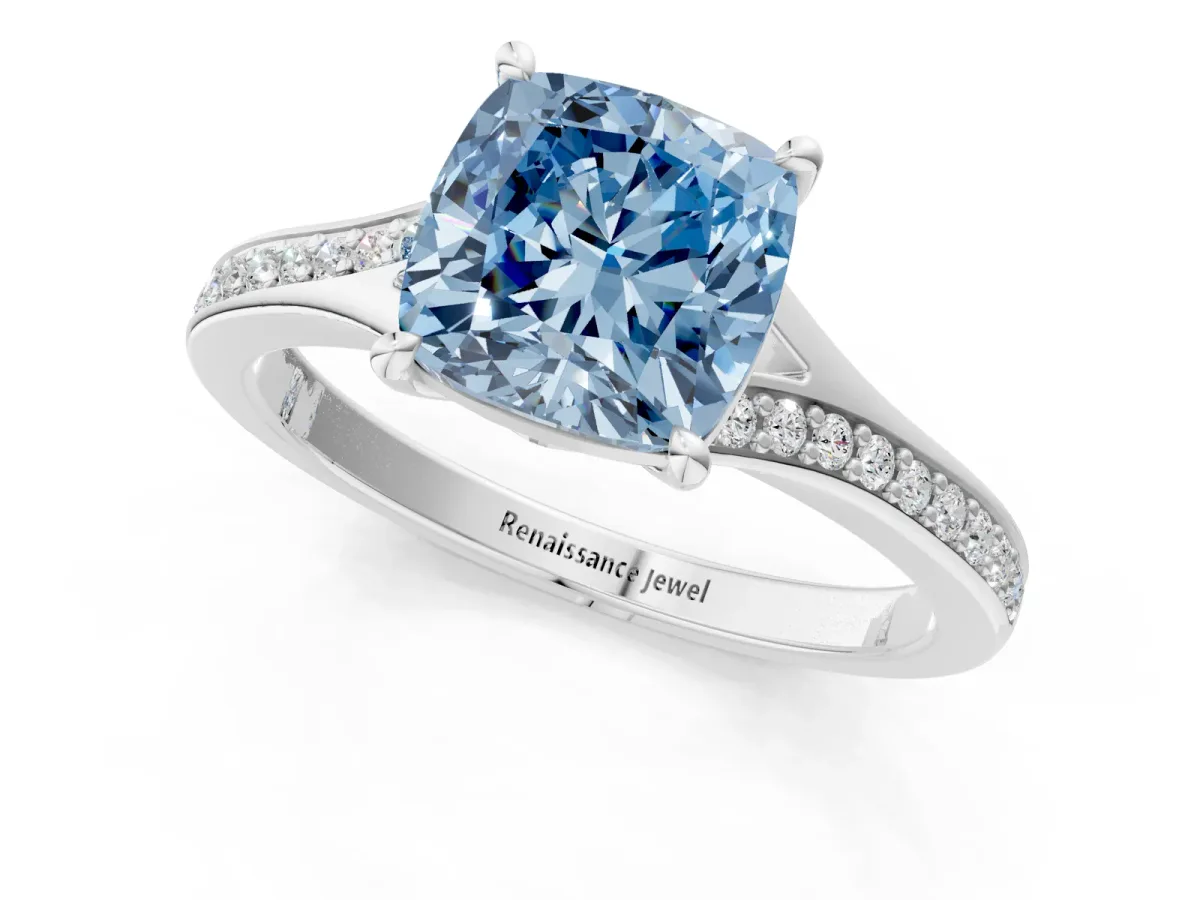 Fancy Blue Cushion Cut Diamond Solitaire Ring with Pavé Band and Prong Setting Silver