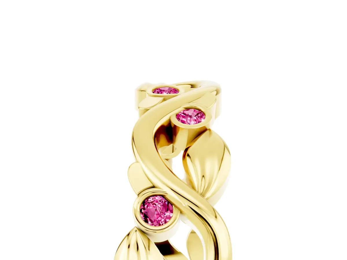 Round Pink Sapphire Leaf Eternity Band with Bezel Setting Yellow gold