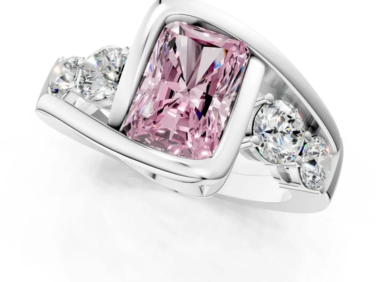 Fancy Pink Bezel Set Radiant Cut Diamond Bypass Ring with Round Accents Silver