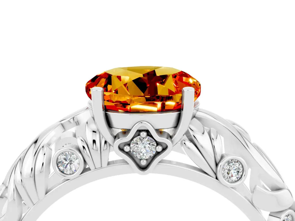 Round Cut Solitaire Citrine Leaf-Inspired Vine Band Ring with Prong Setting Silver