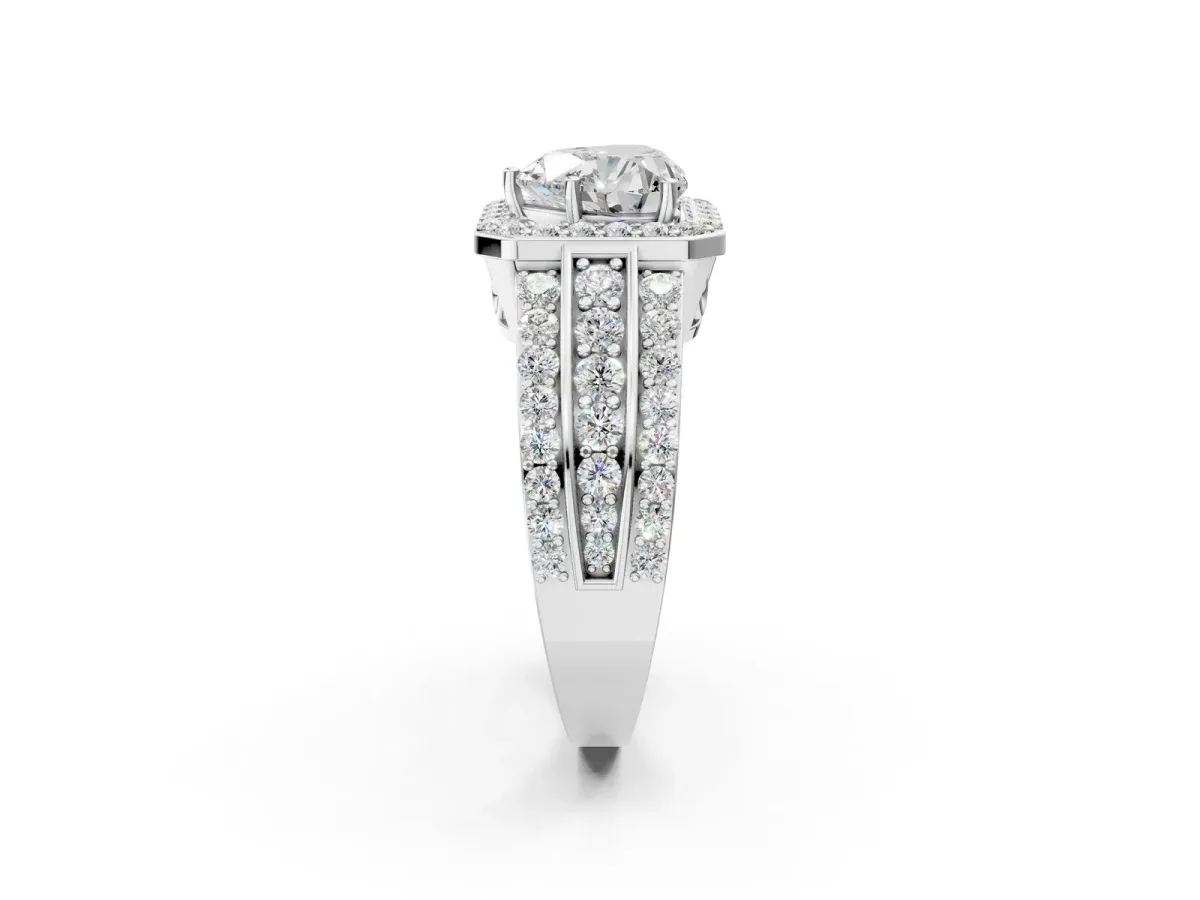 Heart Cut Halo Diamond Ring with Round Moissanite Split Shank and Prong Setting Silver