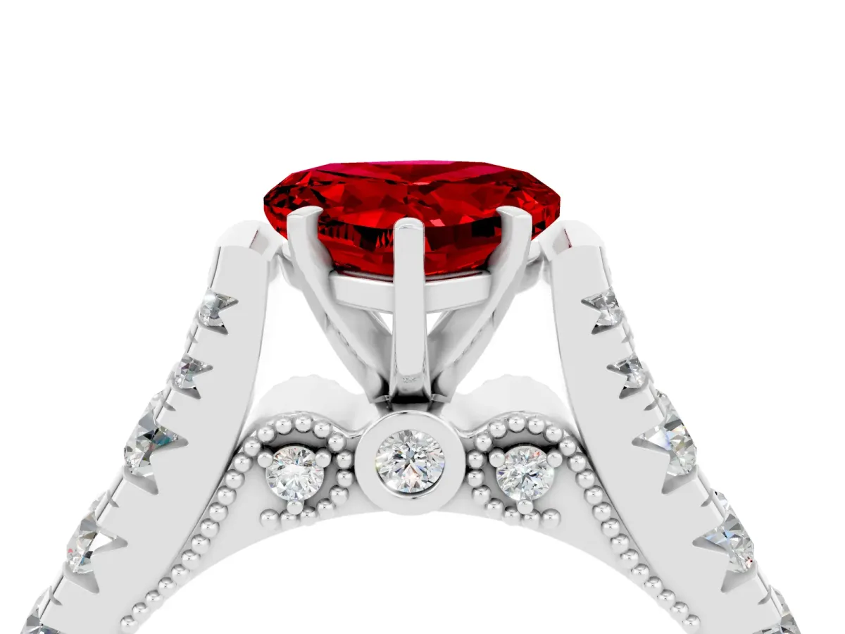Heart Cut Ruby Classic Solitaire Ring with Pavé Band and Four-Prong Setting White gold