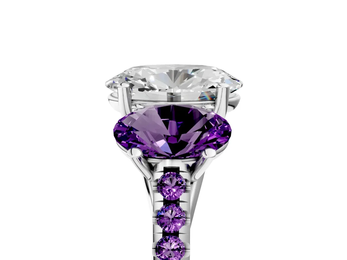 Three-Stone Oval Cut Diamond Ring with Round Amethyst Pavé Band and Prong Setting Silver