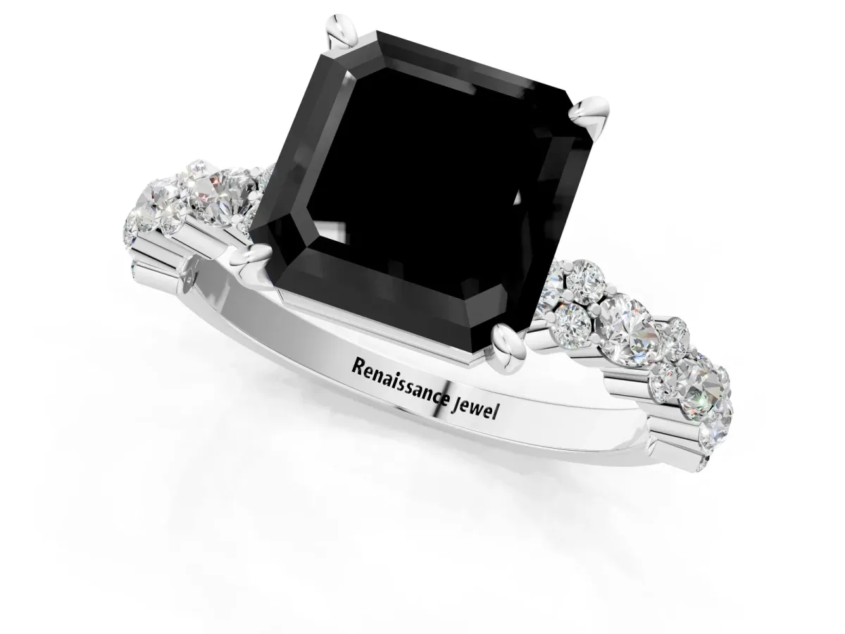 Fancy Black Asscher Cut Diamond Side Stone Solitaire Ring with Round and Four-Prong Setting White gold