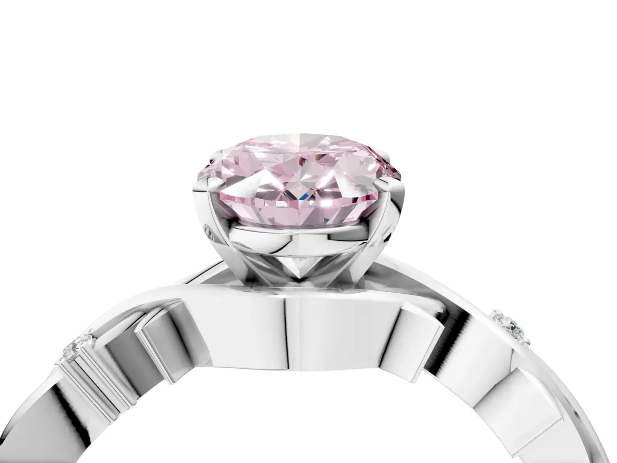 Fancy Pink Oval Cut Diamond Solitaire Ring with Twisted Band and Prong Setting Silver