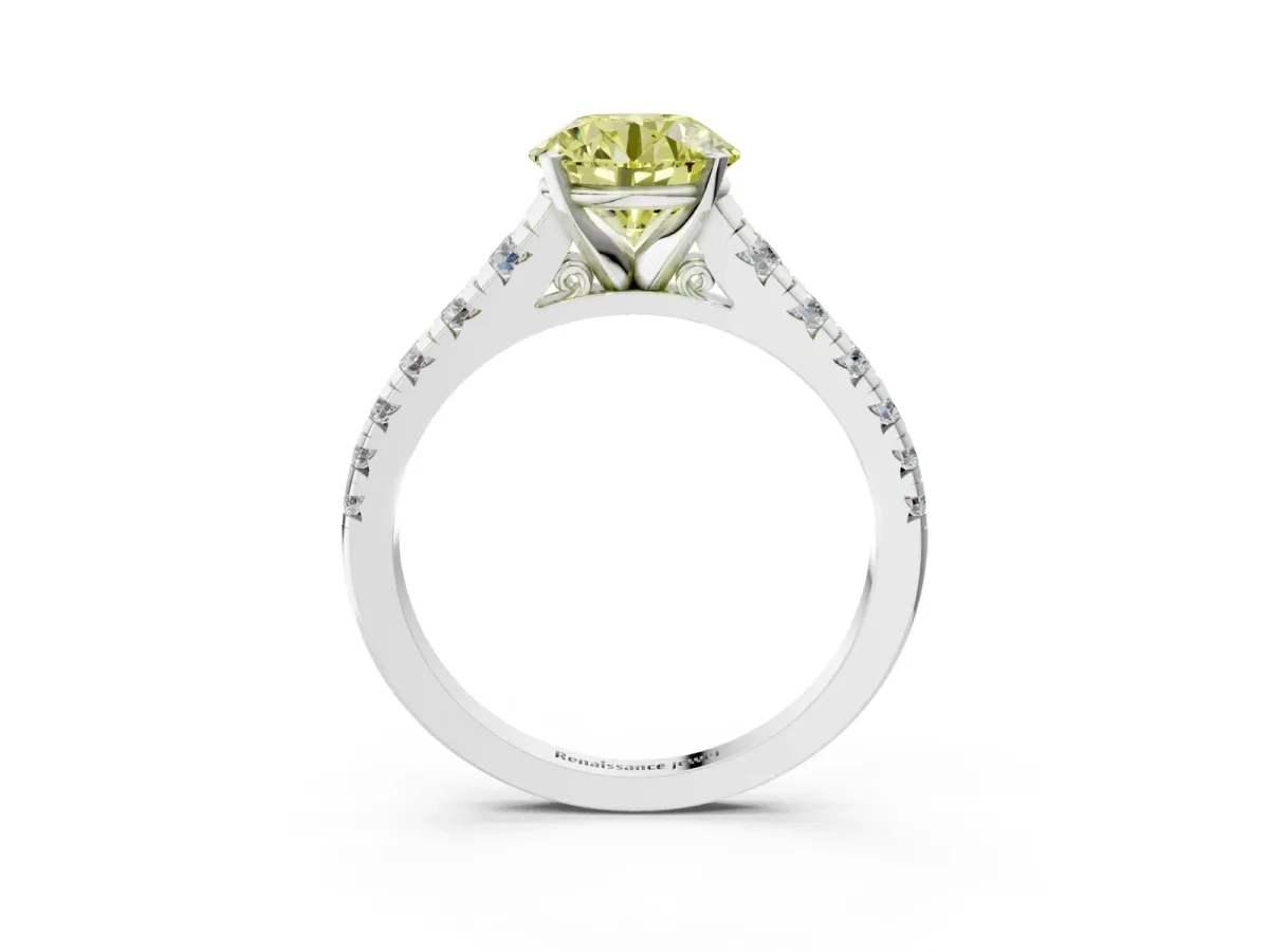 Fancy Yellow Round Cut Diamond Cathedral Solitaire Ring with Round Pavé Band Silver