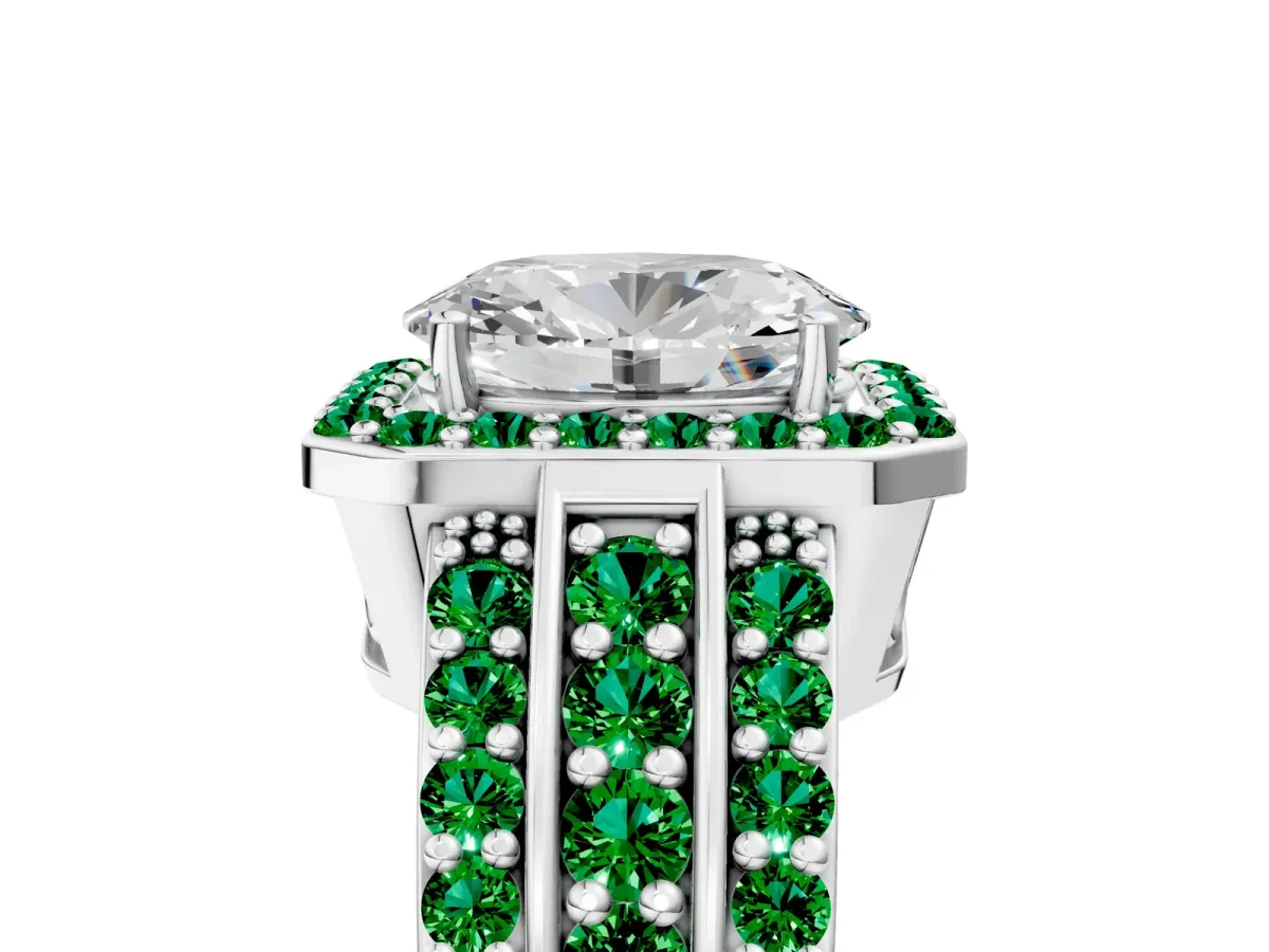 Oval Cut Halo Diamond Ring with Round Emerald Split Shank and Prong Setting Silver