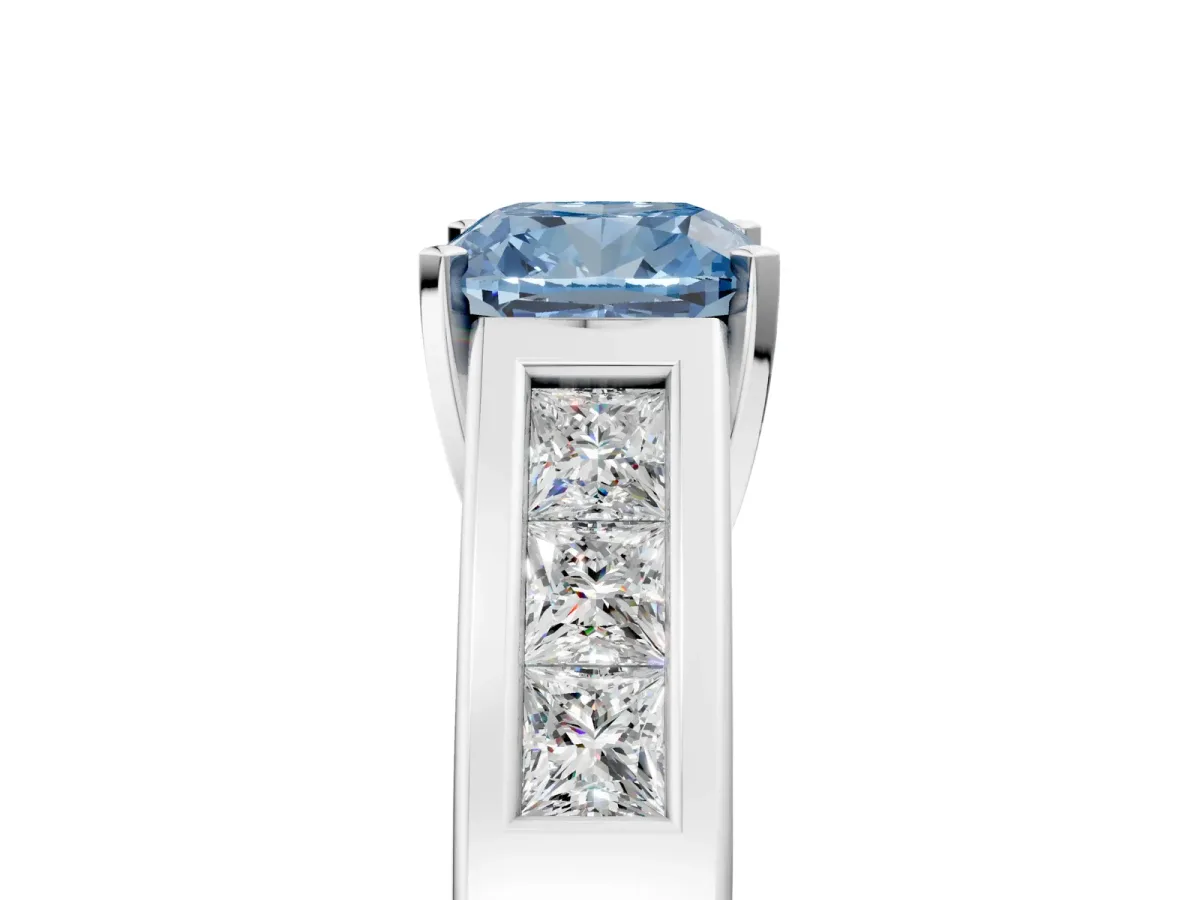 Fancy Blue Cushion Cut Cut Channel Set Solitaire Ring with Four-Prong Setting Silver
