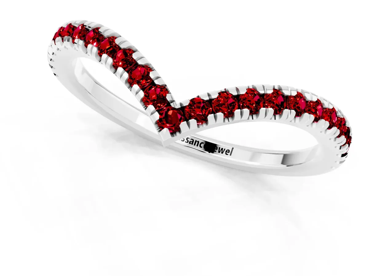 Pavé Round Ruby V-Shaped Chevron Band with Shared Prong Setting Silver