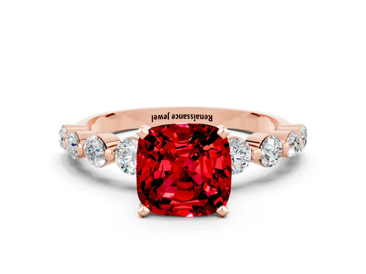 Cushion Cut Solitaire Ruby Ring with Pave Band and Four-Prong Setting Rose gold