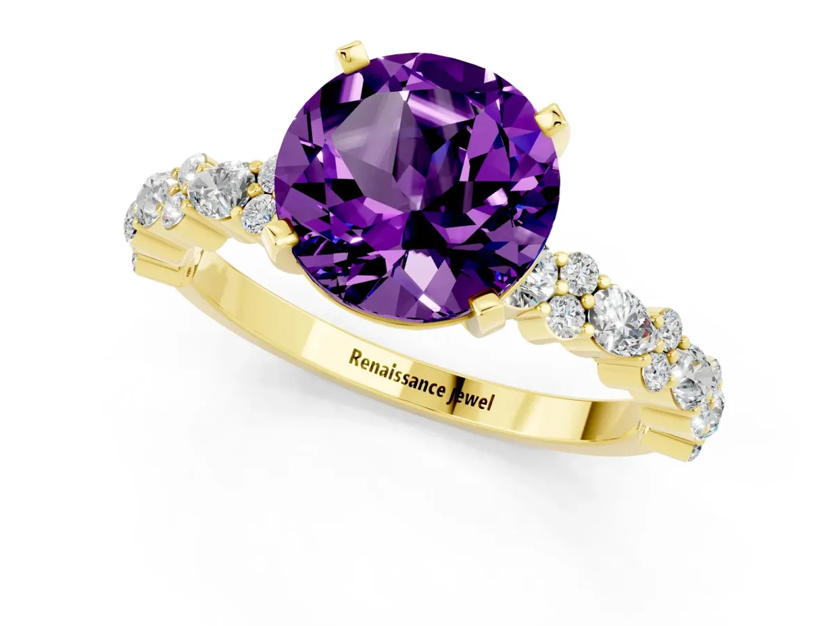Round Cut Amethyst Side Stone Solitaire Ring with Round and Four-Prong Setting Yellow gold