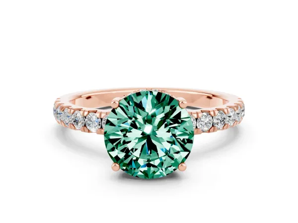 Round Cut Green Sapphire Pave Band Solitaire Ring with Round and Prong Setting Rose gold
