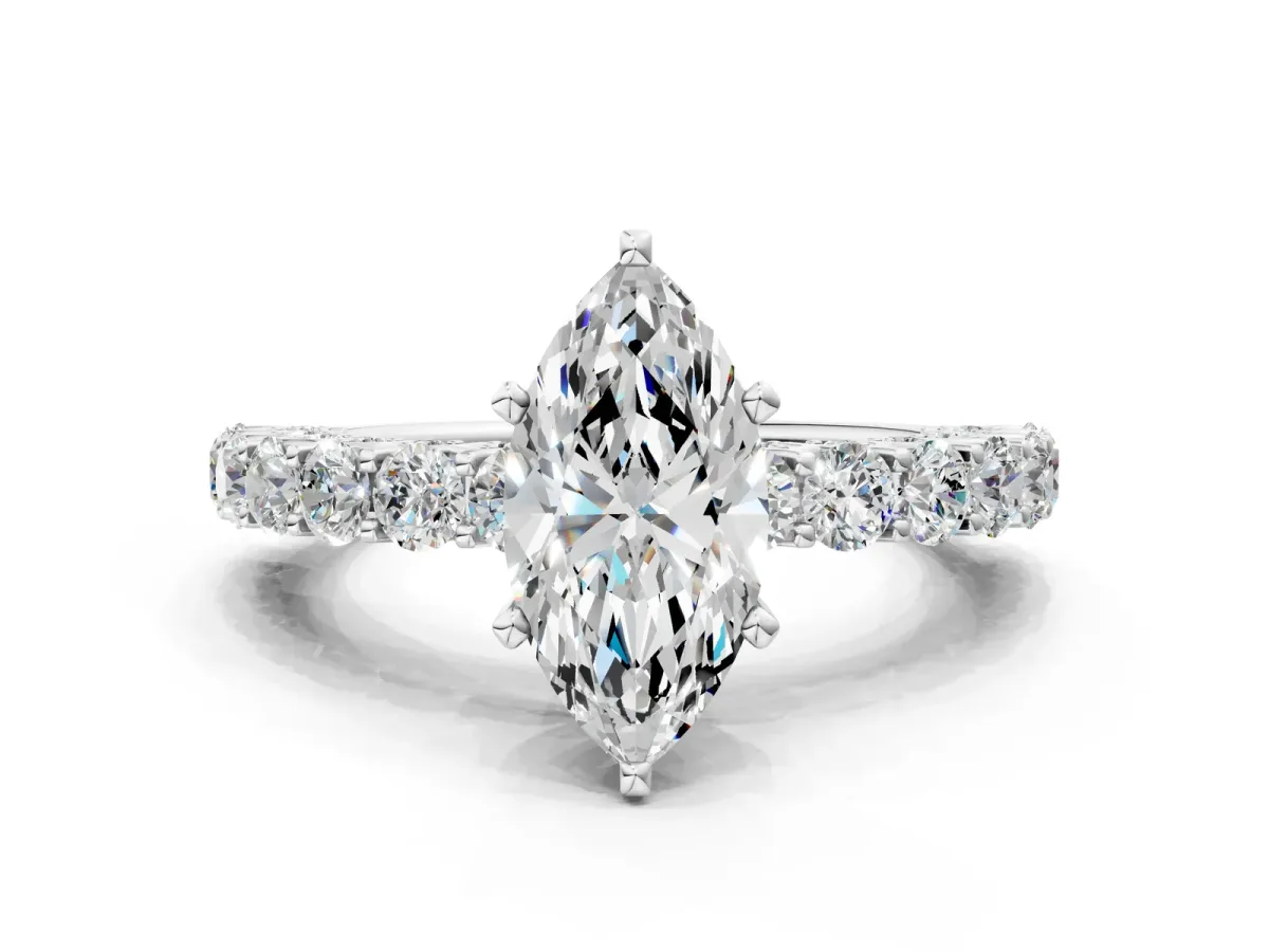 Marquise Cut Diamond Solitaire Ring with Shared Prong Pavé Band and Four-Prong Setting Silver