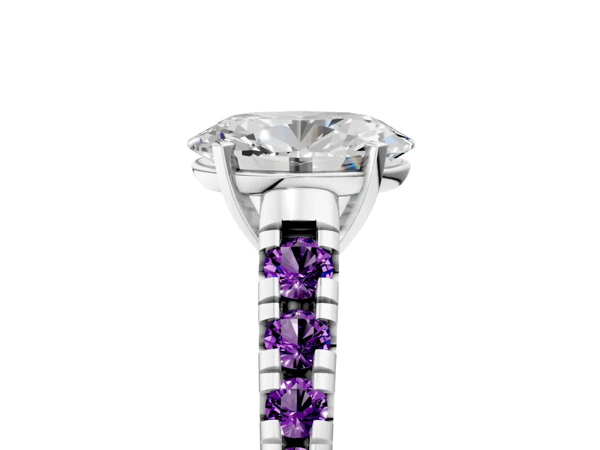 Oval Cut Diamond Cathedral Solitaire Ring with Round Amethyst Pavé Band Platinum