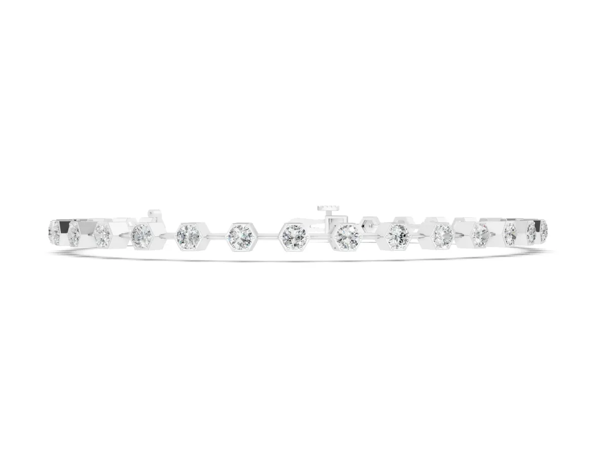 Hexagon Bezel Round Diamond Tennis Bracelet Silver