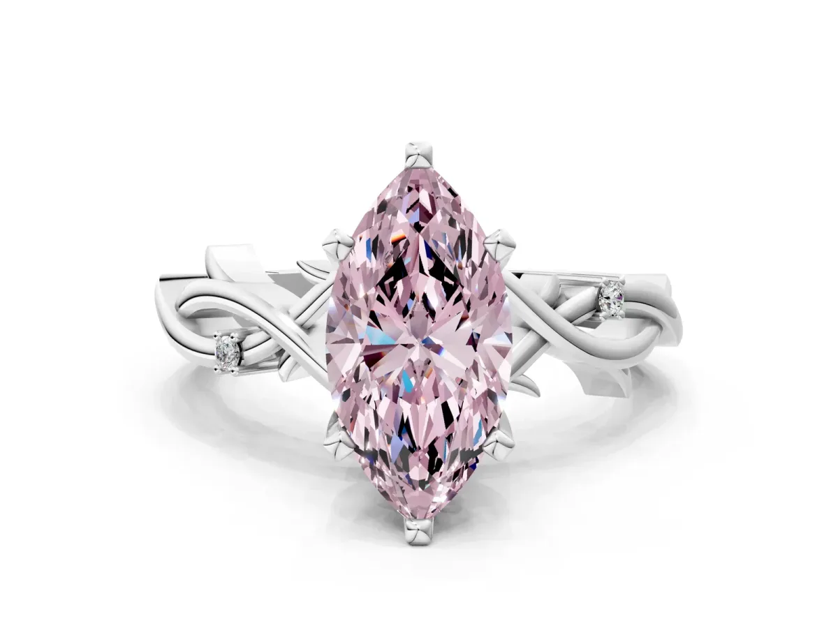 Fancy Pink Marquise Cut Diamond Solitaire Ring with Twisted Band and Prong Setting Silver