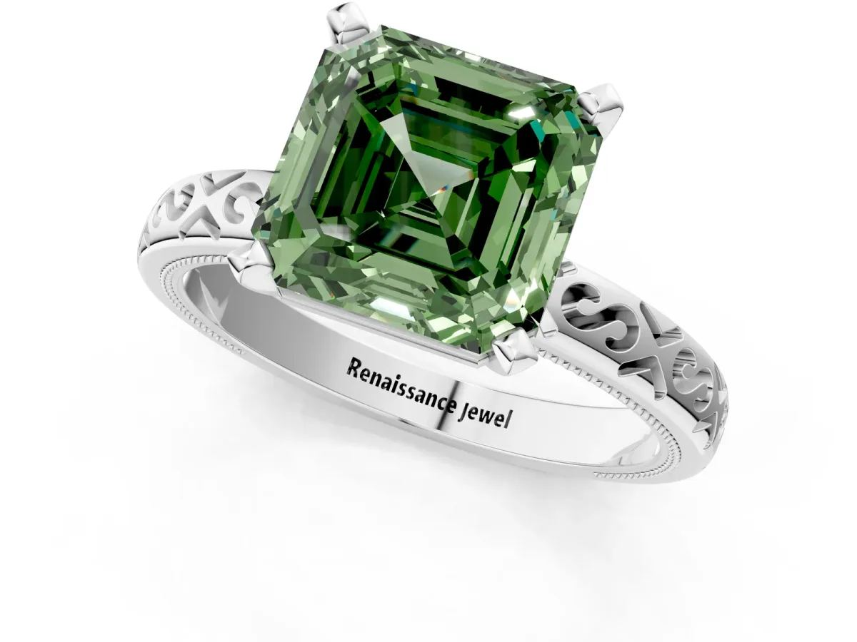 Fancy Green Asscher Cut Solitaire Engagement Ring with Scrollwork Band and Four-Prong Setting Platinum