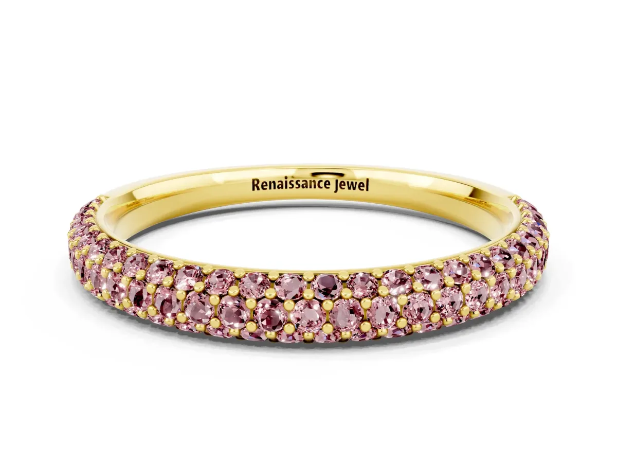 Round Morganite Pavé Eternity Band with Shared Prong Setting Yellow gold