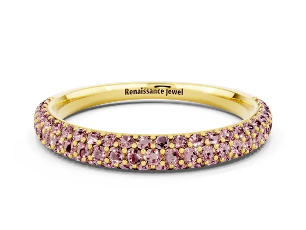 Round Morganite Pavé Eternity Band with Shared Prong Setting Yellow gold