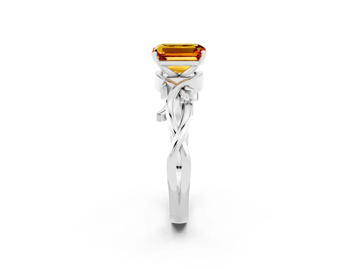 Emerald Cut Citrine Solitaire Ring with Twisted Band and Prong Setting White gold