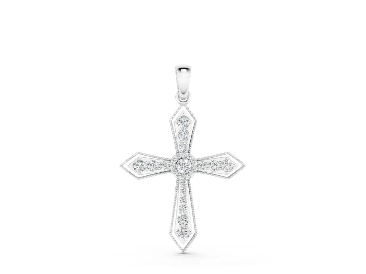 Round Diamond Milgrain Cross Pendant with Bezel Setting White gold
