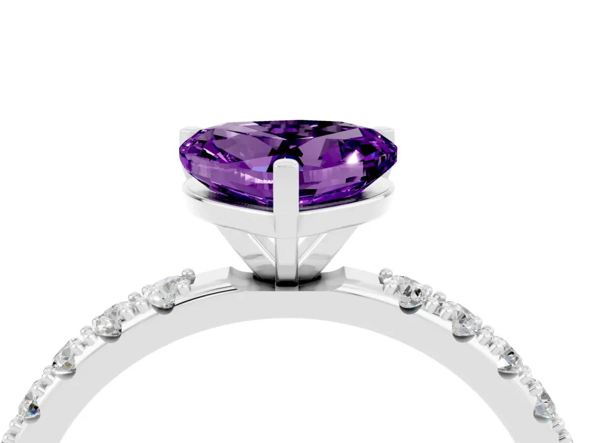 Heart Cut Amethyst Solitaire Pavé Band with Four-Prong Setting Silver