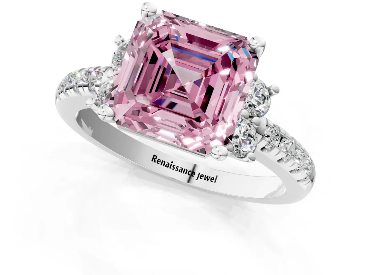 Fancy Pink Asscher Cut Diamond Three-Stone Pave Band with Four-Prong Setting Platinum