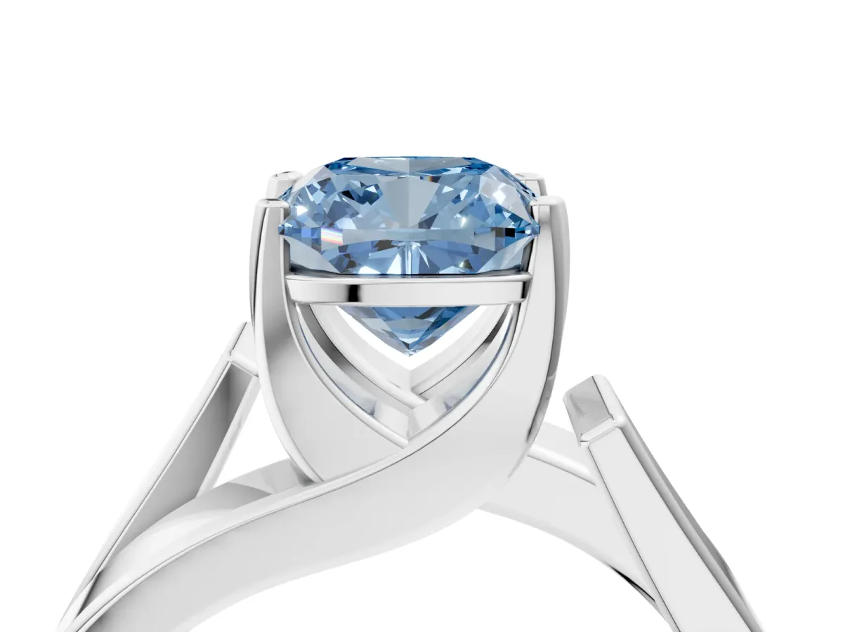 Fancy Blue Modern Tension Set Cushion Cut Diamond Solitaire Wide Band Ring Silver