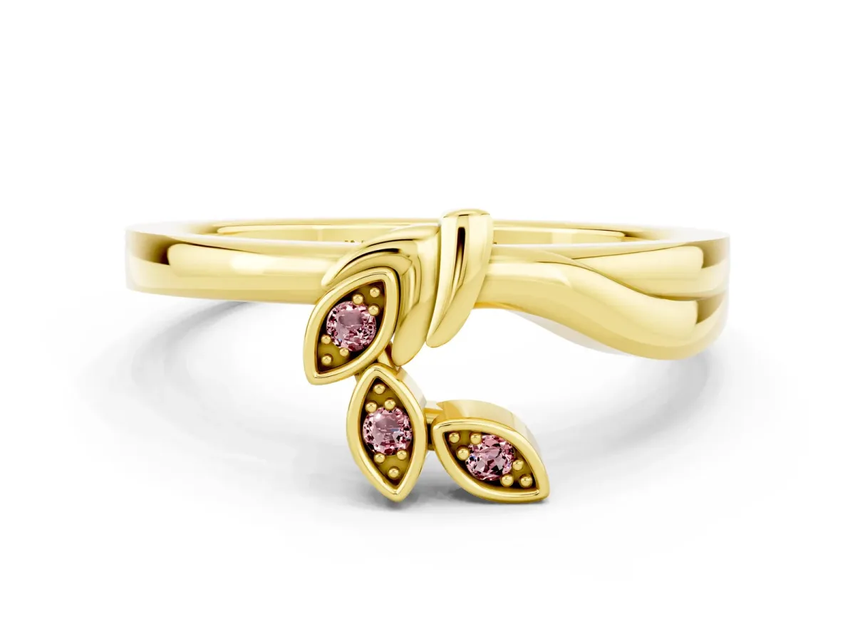 Three-Stone Round Morganite Leaf Bypass Ring with Bezel Setting Yellow gold