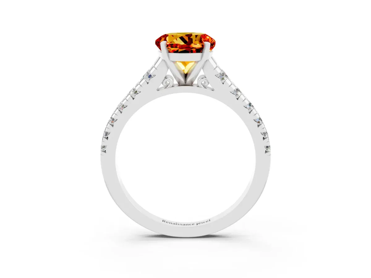 Round Cut Citrine Cathedral Solitaire Ring with Round Pavé Band Silver