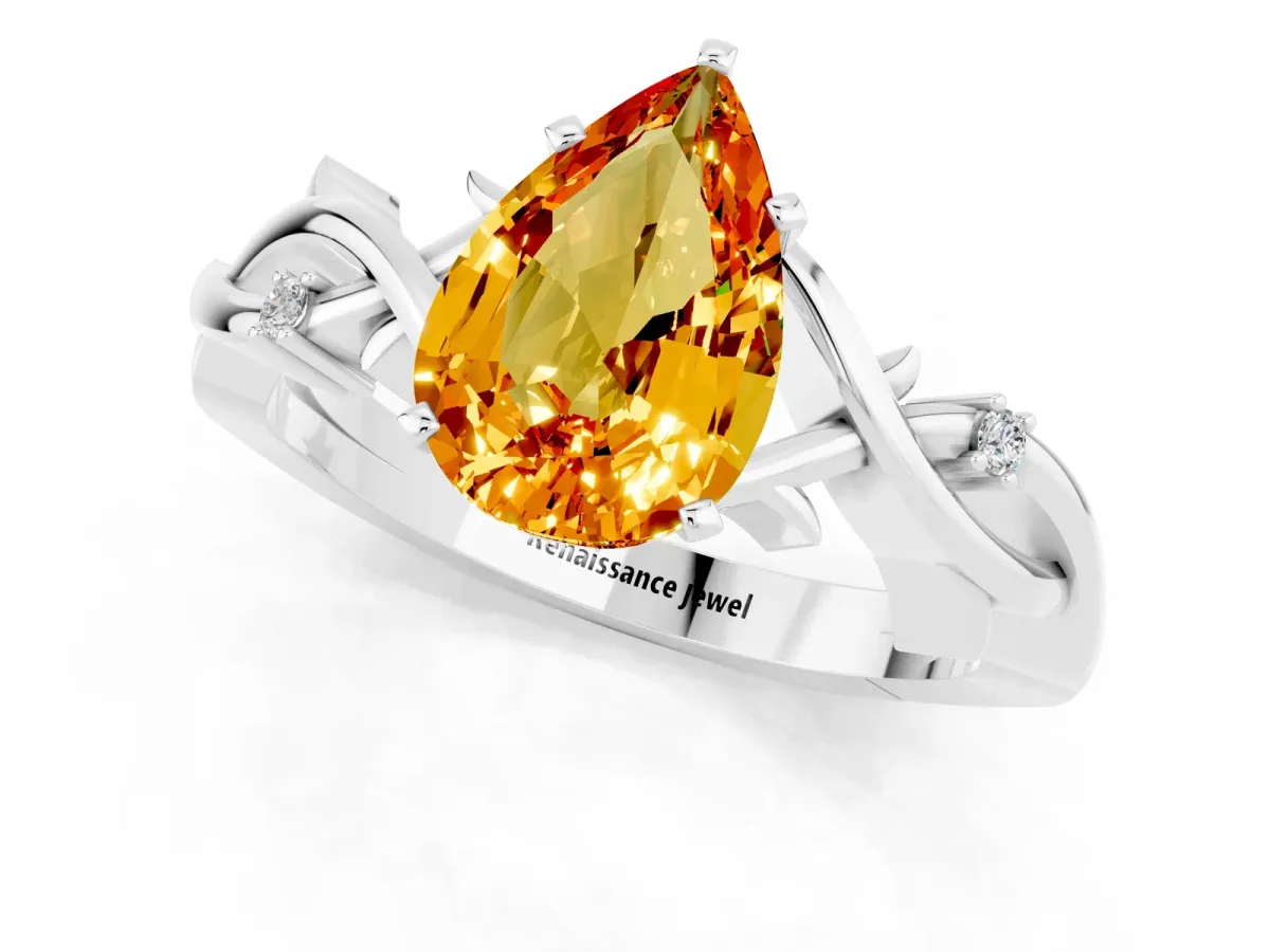 Pear Cut Citrine Solitaire Ring with Twisted Band and Prong Setting Platinum