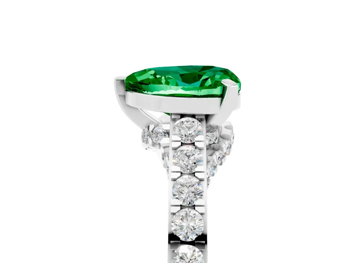 Heart Cut Emerald Solitaire Ring with Crossover Gallery and Round Pavé Band Silver