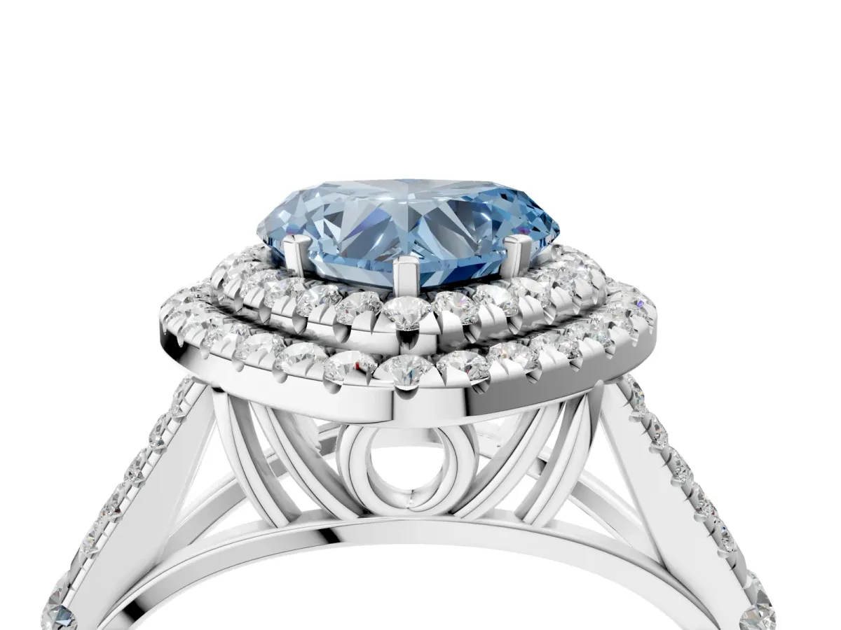 Fancy Blue Heart Cut Cut Double Halo Split Shank Diamond Ring with Prong Setting Platinum