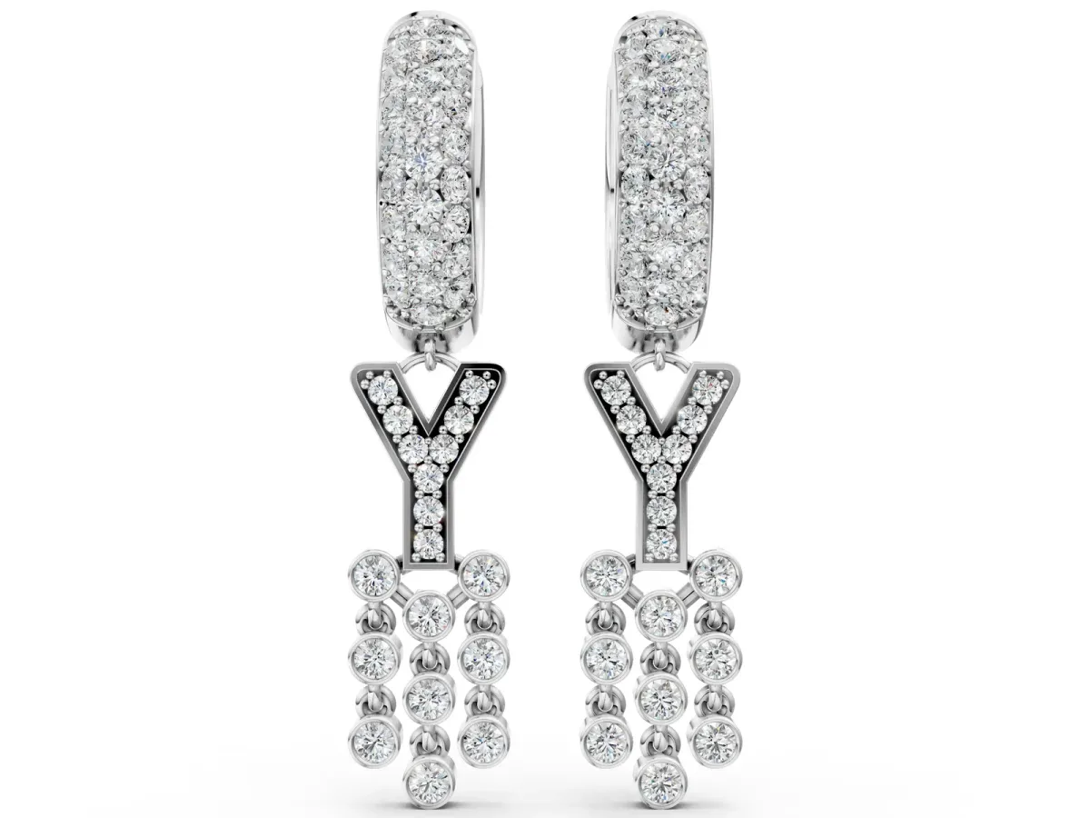 Round Diamond Initial Y Huggie Hoop Earrings White gold