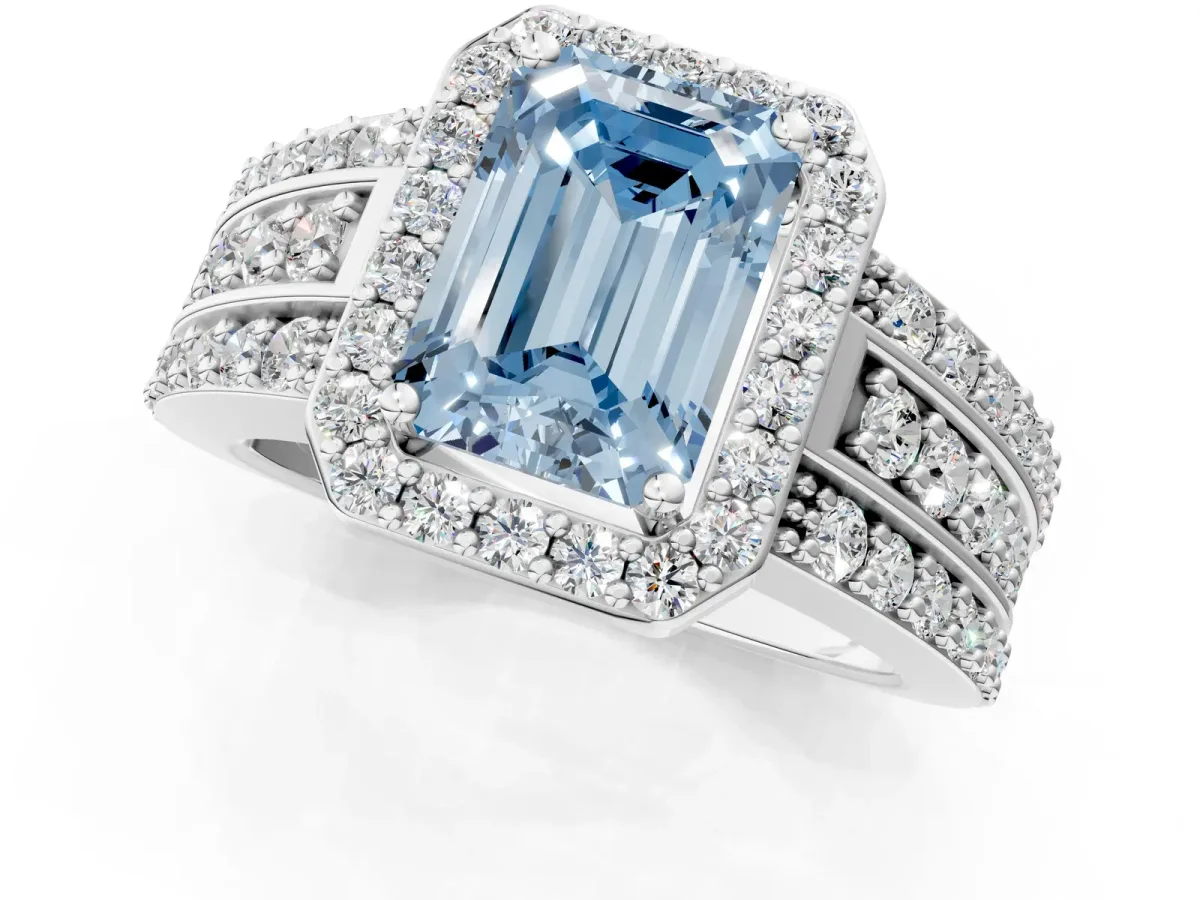 Fancy Blue Emerald Cut Halo Diamond Ring with Round Split Shank and Prong Setting Silver