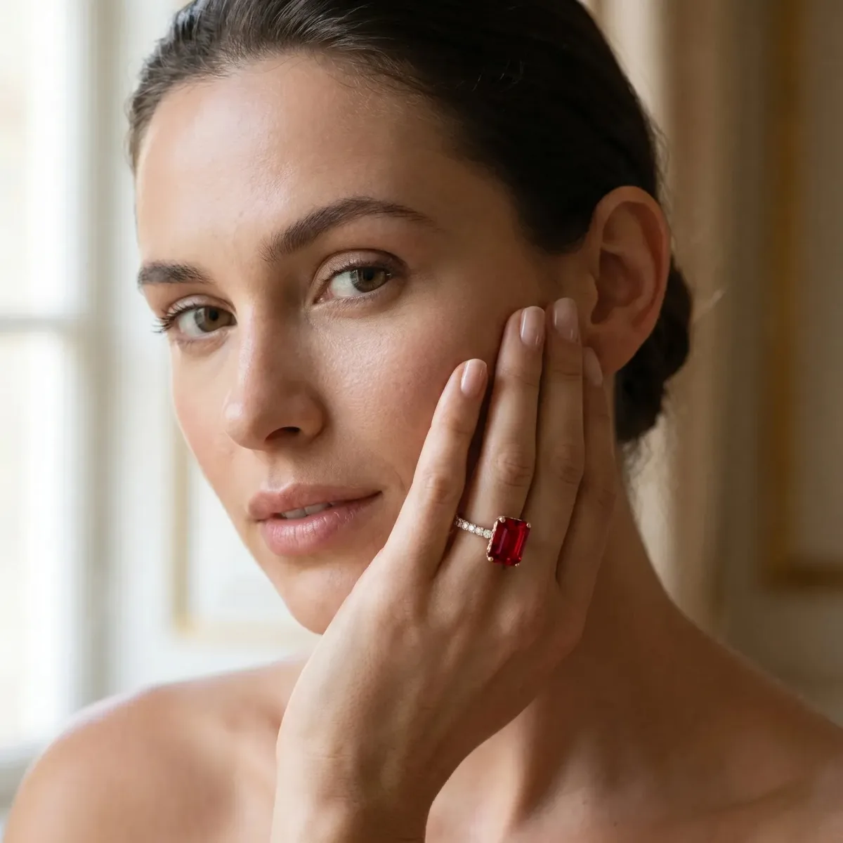 Emerald Cut Ruby Solitaire Ring with Round Pavé Band and Four-Prong Setting Rose gold
