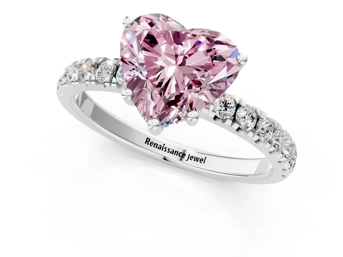 Fancy Pink Heart Cut Diamond Pave Band Solitaire Ring with Round and Prong Setting Silver