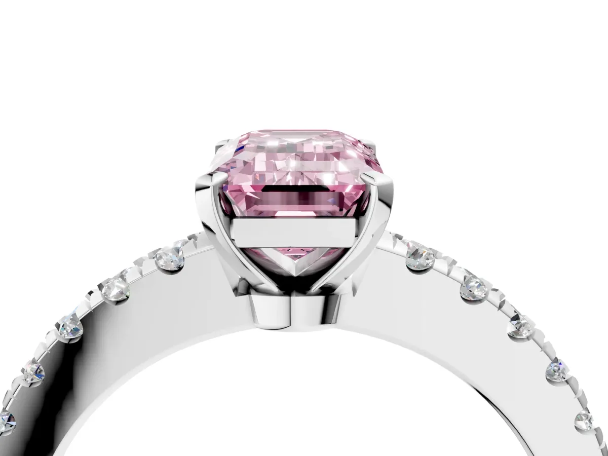 Fancy Pink Emerald Cut Solitaire Diamond with Pavé Band and Four-Prong Setting Silver