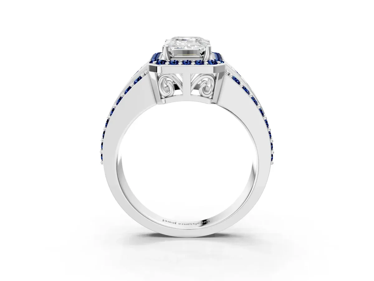 Emerald Cut Halo Diamond Ring with Round Blue Sapphire Split Shank and Prong Setting Platinum