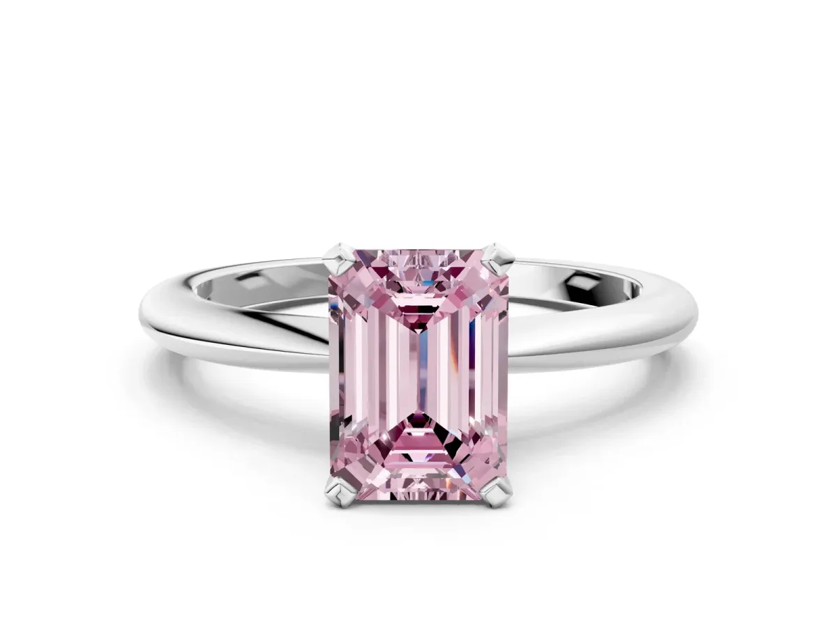 Fancy Pink Emerald Cut Diamond Solitaire Ring with Six-Prong Setting and Classic Band Silver