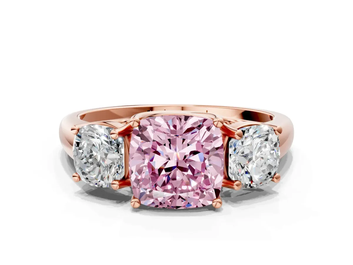 Fancy Pink Three-Stone Cushion Cut Diamond Engagement Ring with Prong Setting Rose gold