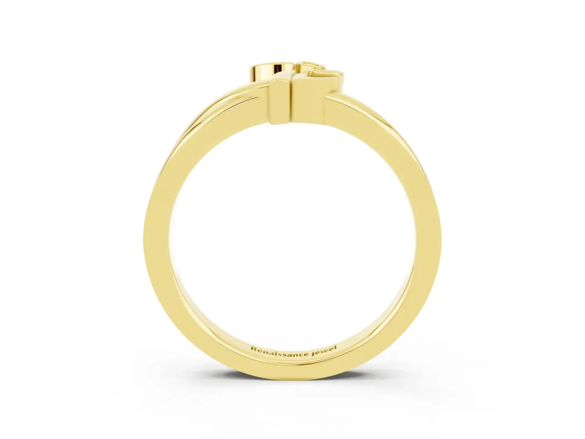 Three-Stone Round Moissanite Leaf Bypass Ring with Bezel Setting Yellow gold
