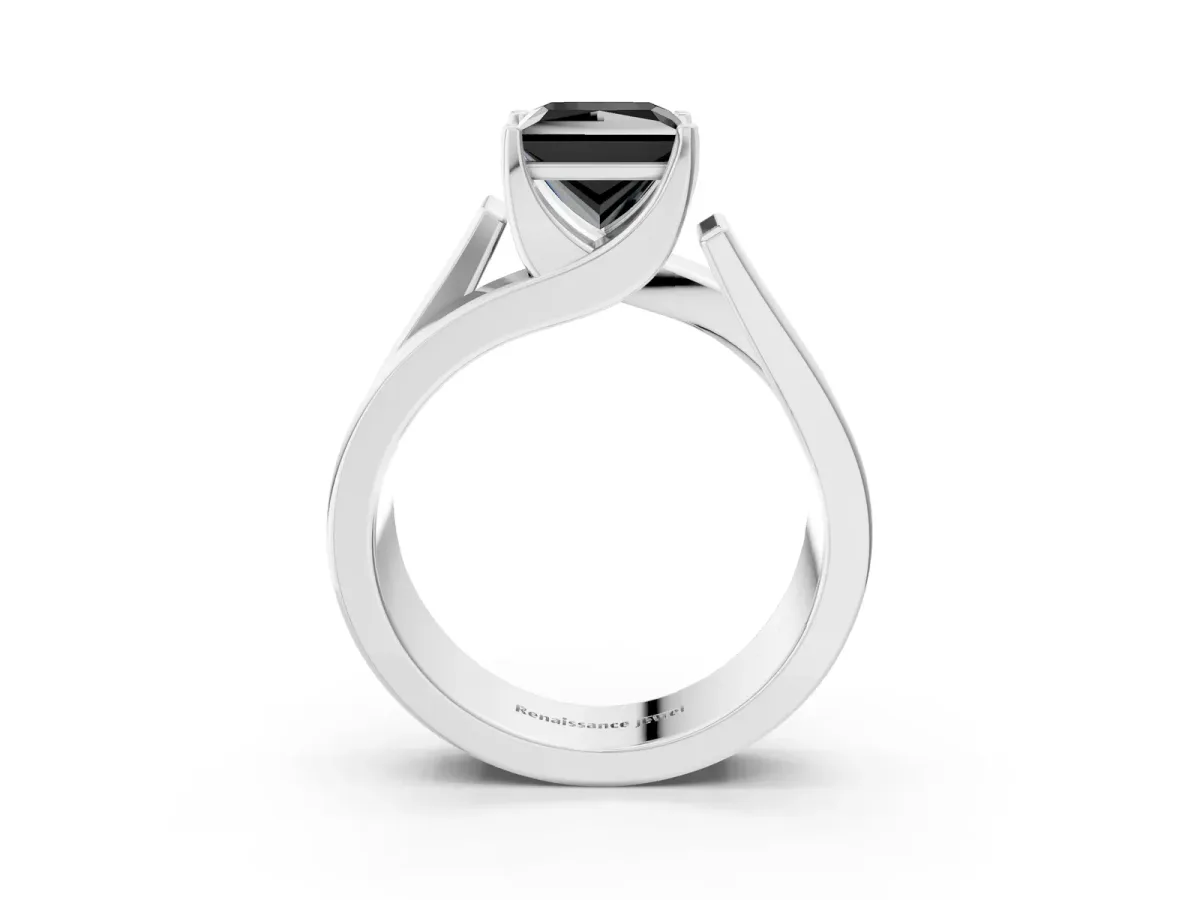 Fancy Black Modern Tension Set Princess Cut Diamond Solitaire Wide Band Ring Silver