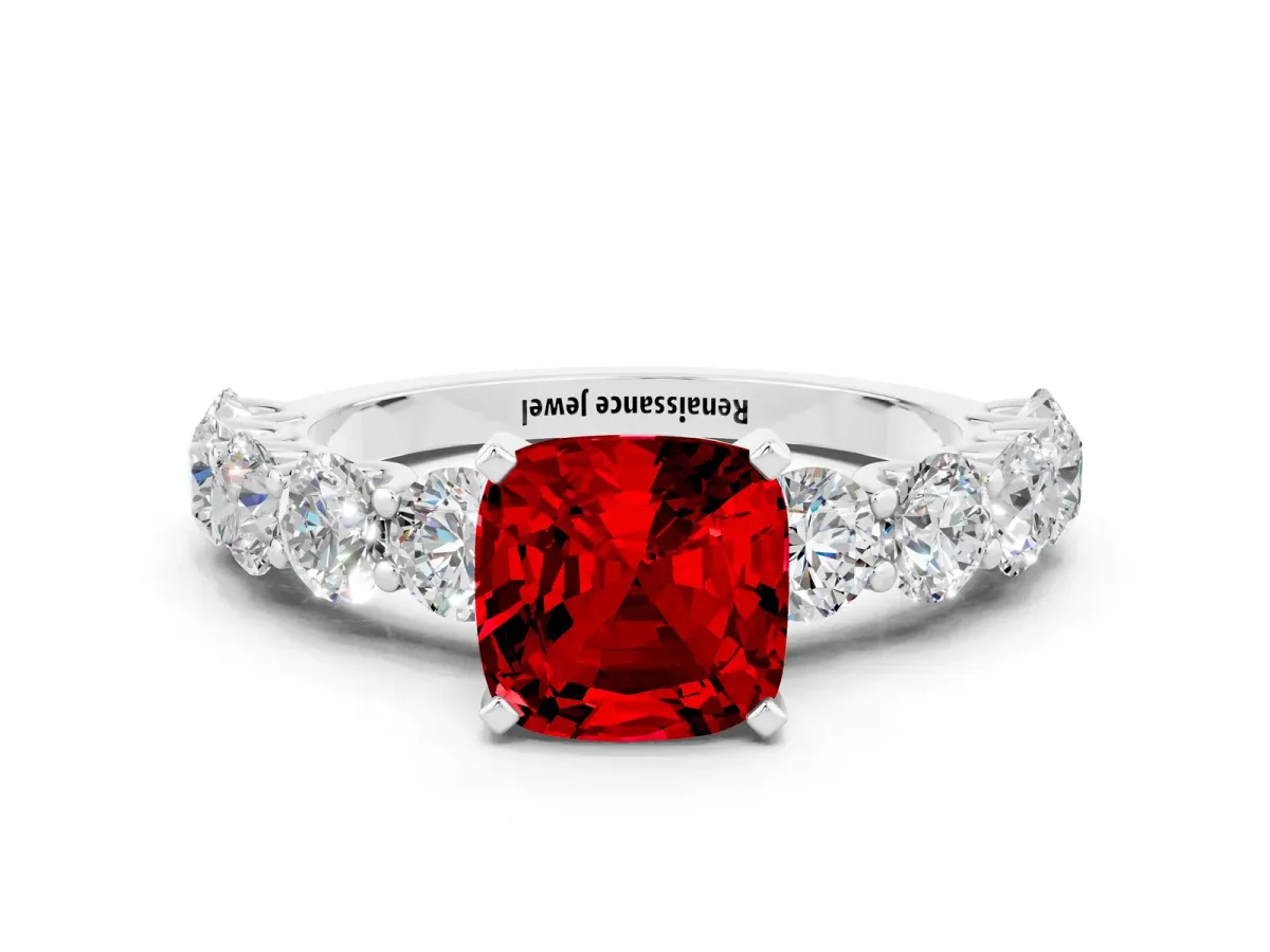 Cushion Cut Ruby Prong Setting with Side Stones on a Pave Band Silver