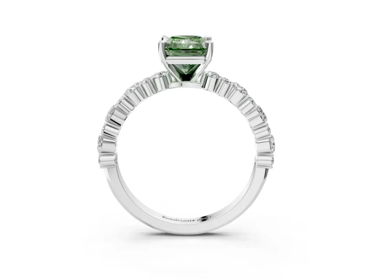 Fancy Green Radiant Cut Diamond Side Stone Solitaire Ring with Round and Four-Prong Setting Platinum