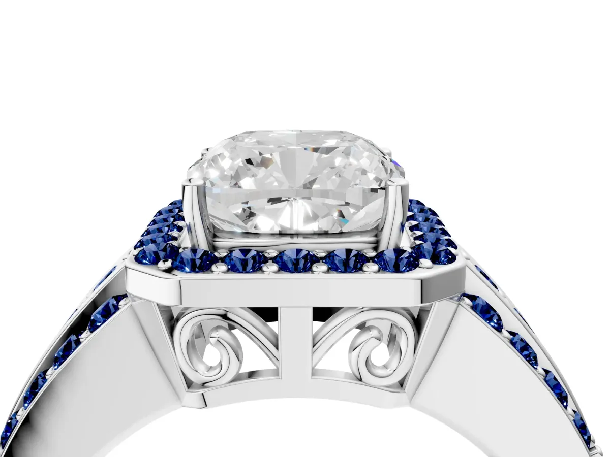 Cushion Cut Halo Diamond Ring with Round Blue Sapphire Split Shank and Prong Setting Silver