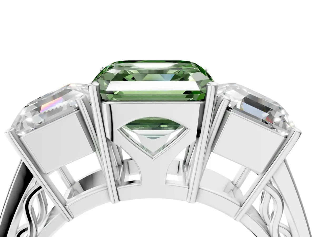 Fancy Green Asscher Cut Diamond Three-Stone Ring with Prong Setting and Textured Band Platinum